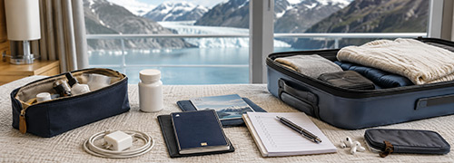 Travel essentials and Alaska cruise documents packed before leaving home for an Alaska cruise vacation.