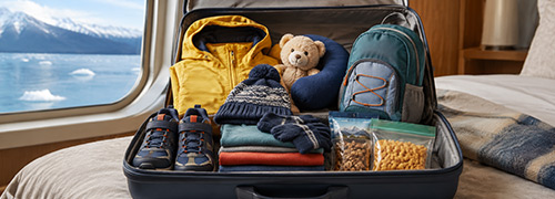 Kid's Alaska cruise packing list with warm layers, backpack, snacks, and travel essentia