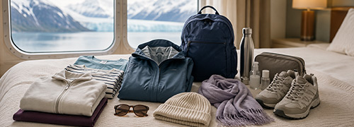 Women's Alaska cruise packing list with layered clothing, comfortable shoes, and travel essentials.