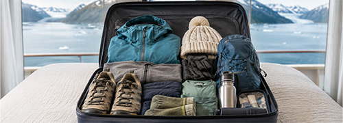 Essential Alaska cruise packing list with warm layers, hiking shoes, and travel gear.
