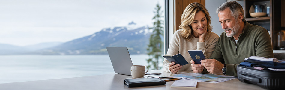 Couple reviewing passports and travel documents for an Alaska cruise visa and passport requirements