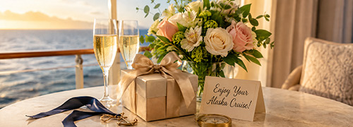 Bon voyage gift with flowers, sparkling cider, and a card reading 'Enjoy Your Alaska Cruise!'