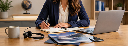 Alaska cruise client services representative assisting booked guests from a professional travel office.
