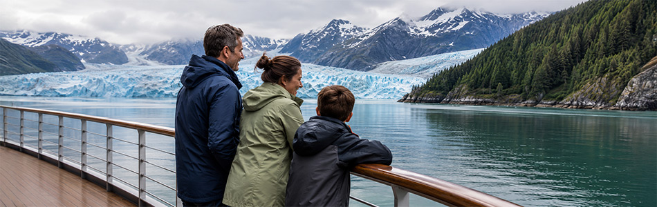 Alaska cruise travelers view a glacier and forested mountains from the ship s deck while planning their vacation