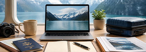 Alaska cruise planning desk with laptop, passport, travel documents, notebook, and luggage.