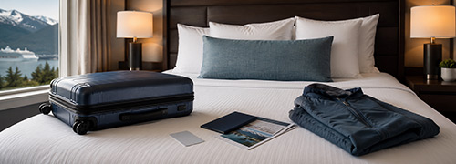 Hotel room with luggage and travel documents for a pre-cruise or post-cruise Alaska stay