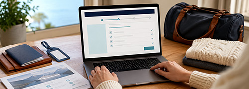 Alaska cruise guest completing online cruise check-in at home with passport, luggage tag, and travel documents
