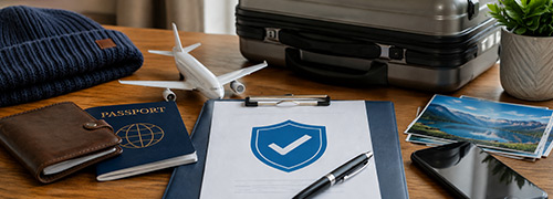Travel insurance documents, passport, luggage, and trip essentials prepared for an upcoming Alaska cruise