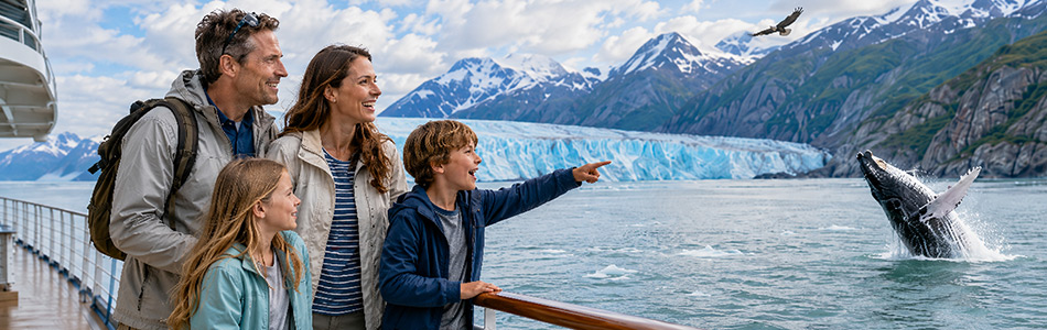 Family enjoying glacier and whale watching during an Alaska cruise in clear summer weather.