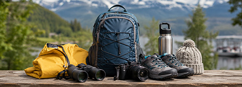 Alaska shore excursion gear with backpack, binoculars, waterproof jacket, camera, and walking shoes