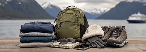 Alaska weather and climate travel gear with layers, rain jacket, backpack, and essentials for cruise planning