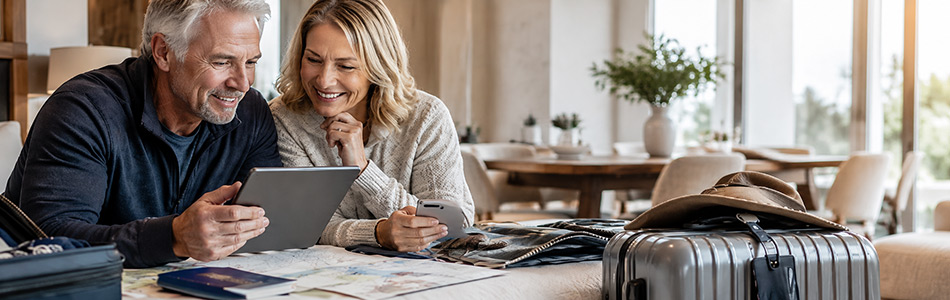 Couple preparing at home for their booked Alaska cruise with travel documents, luggage, tablet, and phone