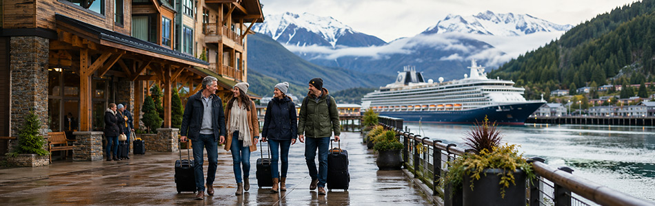 Alaska cruise travelers arrive with luggage at a waterfront hotel near a cruise ship, surrounded by misty mountains and evergreen forests.