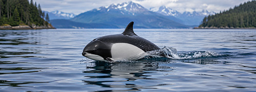 Dall s porpoise gliding through calm Alaska waters with evergreen shorelines and snow-capped mountains in the background.
