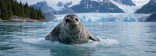 Harbor seal resting on a small ice floe in Alaska glacier waters with evergreen shoreline and snow-capped mountains in the background.