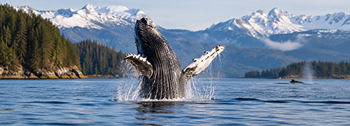Humpback whale breaching in Alaska coastal waters with evergreen shorelines and snow-capped mountains in the background.
