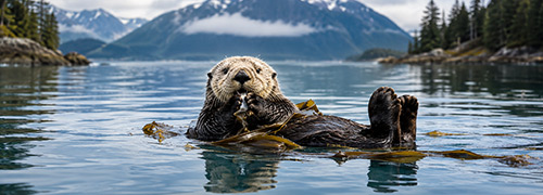 Sea otter floating on its back in calm Alaska coastal waters with kelp, evergreen shorelines, and misty mountains in the background.
