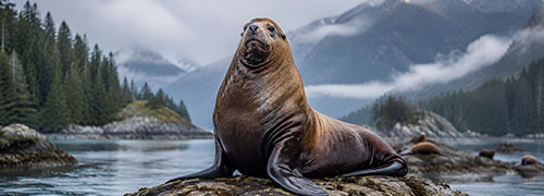 Steller sea lion resting on a rocky Alaska shoreline with calm coastal waters, evergreen forests, and misty mountains in the background.