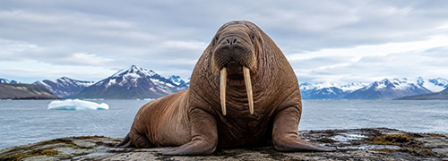 Walrus resting on a rocky Alaska shoreline with icy coastal waters and snow-capped mountains in the background.