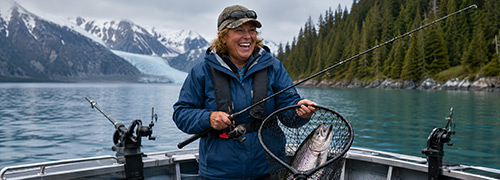 Alaska cruise guests enjoy a scenic fishing excursion surrounded by glacial waters, evergreen shoreline, and dramatic mountain scenery.