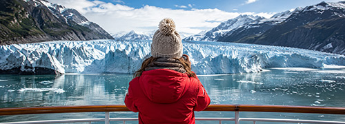 An Alaska cruise traveler photographs a massive tidewater glacier from the ship s deck amid icy blue water and snowcapped mountains.
