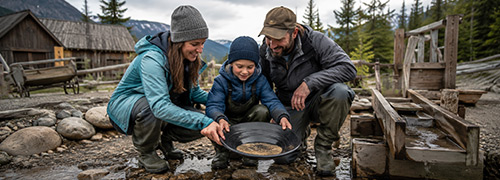 A family tries gold panning at a historic Alaska mining site surrounded by evergreen forest and mountain scenery.