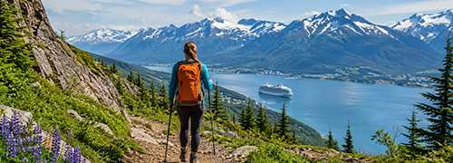 Alaska cruise travelers hike, climb, and bike through scenic mountain trails overlooking a coastal waterway.