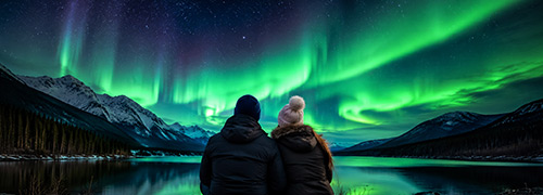 Alaska travelers watch the northern lights glow above a quiet mountain lake surrounded by snowcapped peaks and evergreen forest.