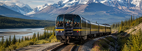 A glass-domed Alaska scenic train travels through a mountain valley beside a winding river and evergreen forest.
