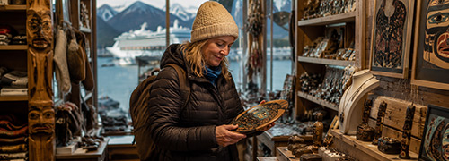 An Alaska cruise traveler browses locally made artwork, jewelry, and handcrafted gifts in a waterfront shop overlooking a scenic mountain harbor.
