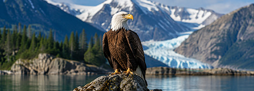 A bald eagle perches beside a scenic Alaska waterway surrounded by evergreen forest, glacier-covered mountains, and pristine wilderness.