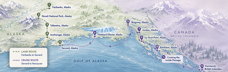 Illustrated 13-night Alaska cruisetour itinerary map from Fairbanks to Vancouver with Denali, Anchorage, glaciers, and Inside Passage ports.