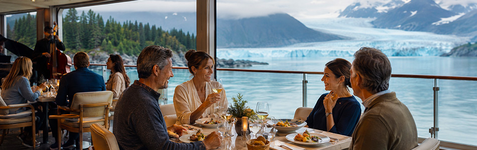 Guests enjoy refined dining and live music aboard a luxury Alaska cruise with panoramic glacier views.