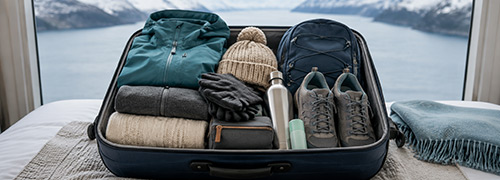 Open suitcase packed with layers, jacket, walking shoes, and essentials for an Alaska cruise