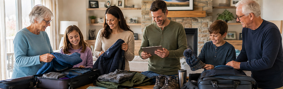 Multi-generational family reviewing Alaska cruise packing essentials before departure