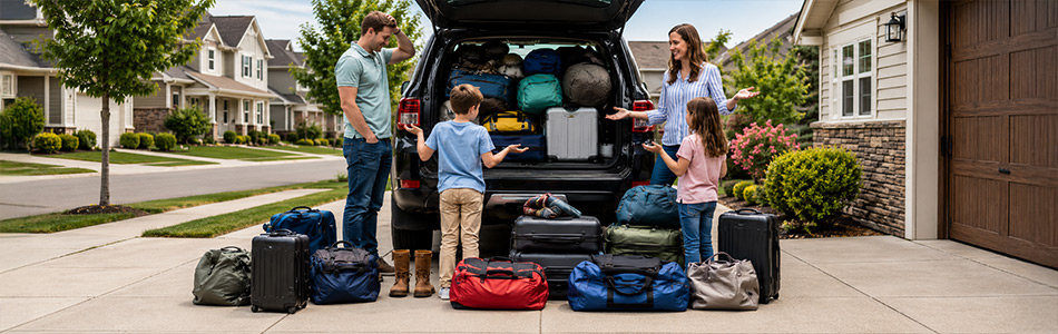 Family loading luggage into an SUV before leaving for an Alaska cruise