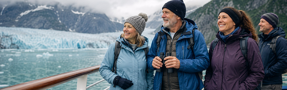 Alaska cruise travelers wear layered clothing and waterproof jackets while viewing a glacier from the ship?s deck.