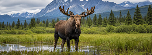 Bull moose standing in an Alaska wetland surrounded by willow thickets, evergreen forest, and rugged mountain scenery.