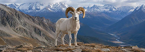 Dall sheep ram standing on a rocky Alaska alpine ridge with steep mountain slopes and a broad river valley in the background.