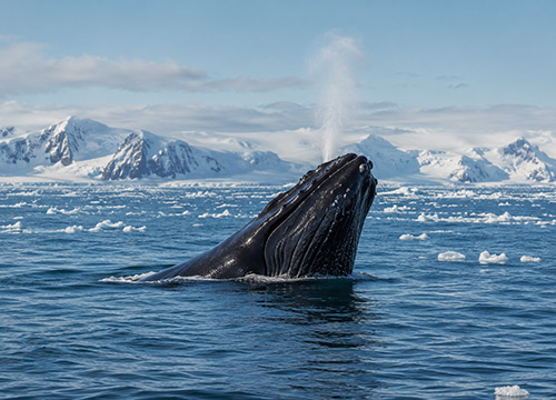 Humpback whale surfacing in icy Alaska waters with floating sea ice and snow-covered mountains in the background.