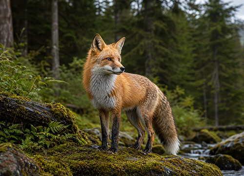 Red fox standing on a mossy forest floor in Alaska with ferns, evergreen trees, and a small woodland stream nearby.
