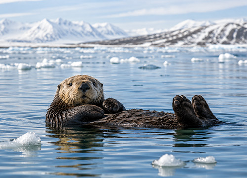 Sea otter floating on its back in icy Alaska coastal waters with sea ice and snow-covered mountains in the background.