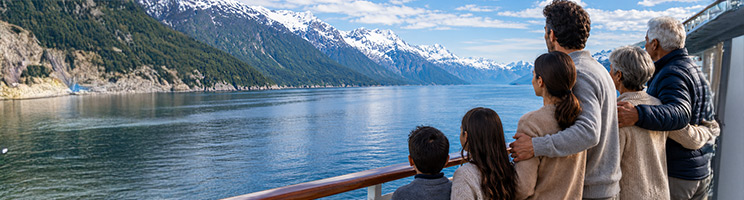 Multi-generational family enjoying scenic cruising in Alaska while viewing snow-capped mountains and coastal wilderness from a cruise ship deck.