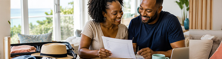 Couple planning an upcoming vacation while reviewing travel documents, itinerary details, and trip preparations. Couple planning an upcoming vacation while reviewing travel documents, itinerary details, and trip preparations.
