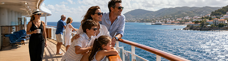 Family enjoying scenic coastal views from a cruise ship during a summer cruise vacation.