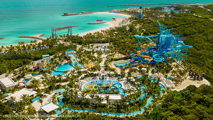 Aerial view of Norwegian Cruise Line&rsquo;s Great Tides Waterpark at Great Stirrup Cay in The Bahamas.