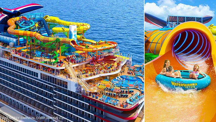 Carnival Tropicale’s WaterWorks Ultra features colorful waterslides and family water attractions at sea. Carnival Tropicale’s WaterWorks Ultra features colorful waterslides and family water attractions at sea.