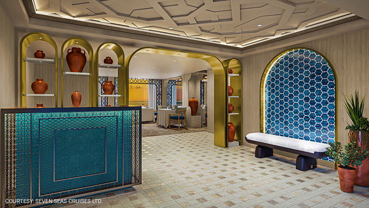 Azure restaurant aboard Seven Seas Prestige offers a refined Mediterranean-inspired dining experience at sea.