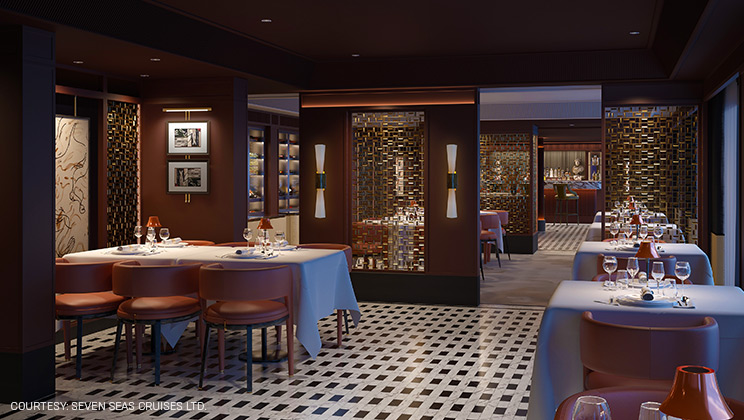 Prime 7 specialty steakhouse aboard Seven Seas Prestige features an elegant dining room and refreshed steakhouse-inspired menu.