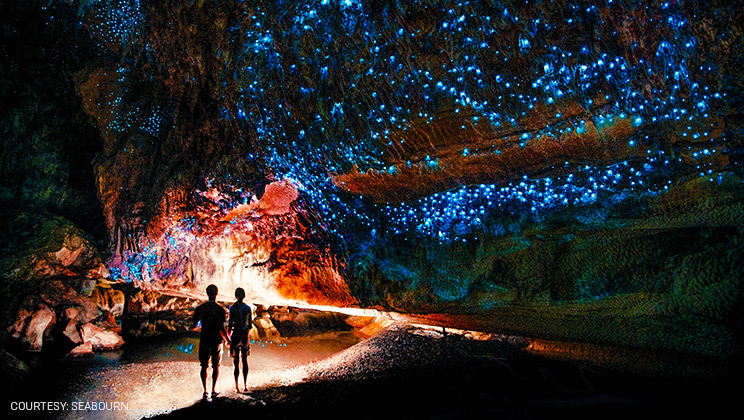 Glowworms illuminate New Zealand's Waitomo Caves, one of the many remarkable destinations featured on Seabourn's 2029 World Cruise.
